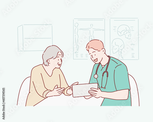 Male doctor talking to patient. Hand drawn style vector design illustrations.