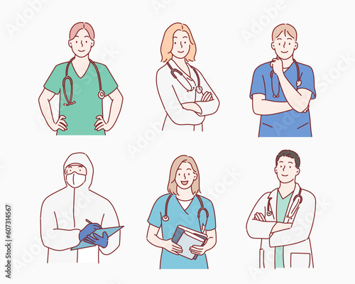 Frontline heroes, Illustration of doctors and nurses characters. Hand drawn style vector design illustrations.