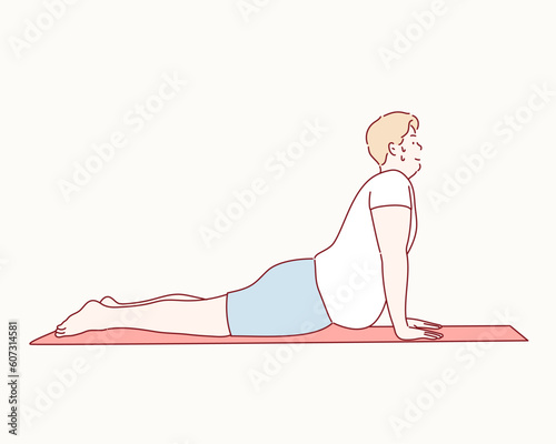 Thick man is exercising while meditating. He is lying on mat and stretching torso up. Hand drawn style vector design illustrations.