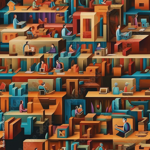 People working in office cubicles, seamless repeat pattern - fantasy colorful cubism, abstract art, trippy psychedelic [Generative AI] 