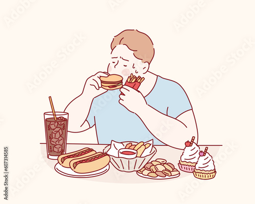 fat man hungry and eat a junk food on the table, this image can use for cookie, hot dog, doughnut, hamburger, potatoes, fried, french fries and fat.Hand drawn style vector design illustration