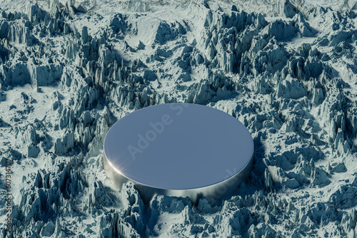 3d presentation round metal pedestal over surrealistic rock landscape background. 3d rendering of mockup of presentation podium for display or advertising purposes