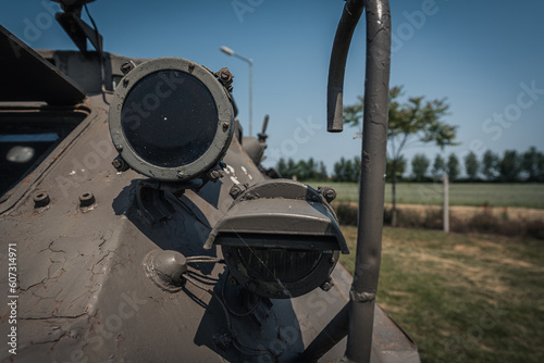 Military tank headlight closeup