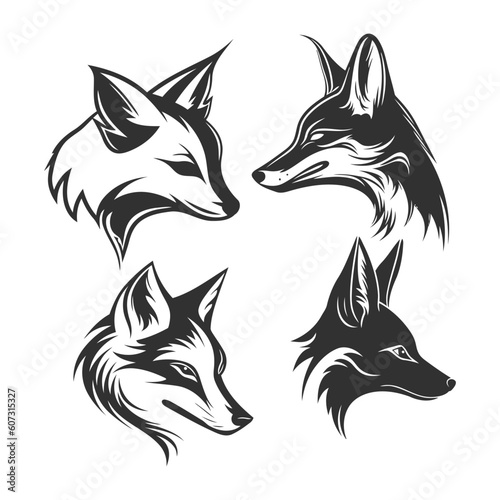 Hand drawn silhouette set of fox head logo vector illustration isolated on white.