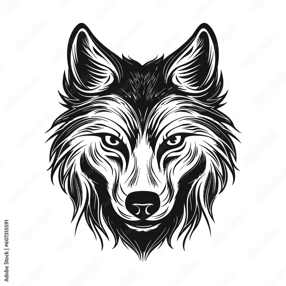 Fototapeta premium Hand drawn silhouette wolf head vector illustration isolated on white.