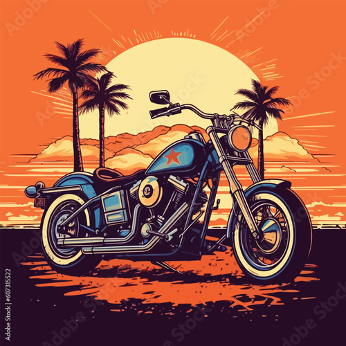 Motorbike on the beach with pump tree and sunset background design for  Tshirt.