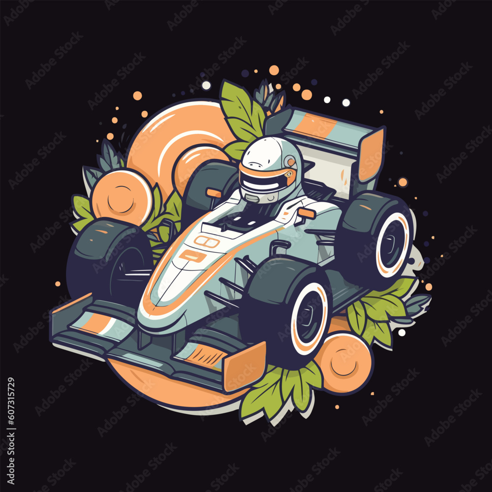 Fototapeta premium Racing car cartoon style vector illustration isolated on dark background.