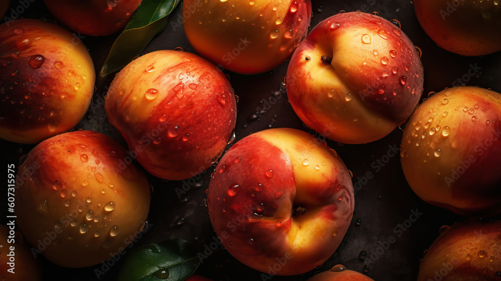 Fresh ripe peaches with water drops background. Fruits backdrop. Generative AI Fresh ripe peaches with water drops background. Fruits backdrop. Generative AI