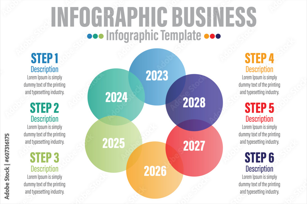 Business infographic design template with six 6 steps, six 6 options, steps or processes. Can be used for workflow layout, diagram, annual report, web design