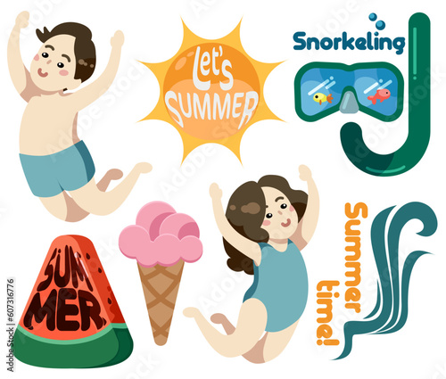 Summer items set, things. Swimming people (kids). Cute, simple style design. Snorkeling, Let's summer text, watermelon, ice cream and sun. Stikers or Graphic recource.