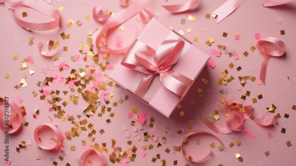 Gift or present box and stars confetti on pink table Generative AI Gift or present box and stars confetti on pink table Generative AI