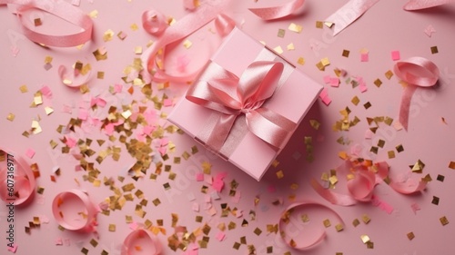 Gift or present box and stars confetti on pink table Generative AI