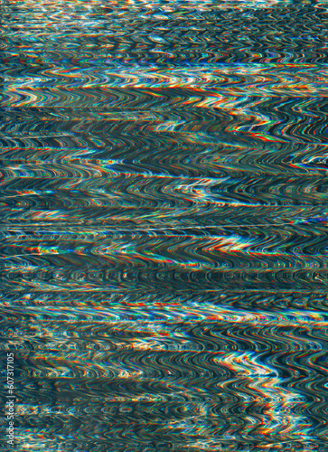 Glitch noise texture. Analog distortion. Static interference. Red blue green color wave artifacts on dark grunge illustration abstract background.