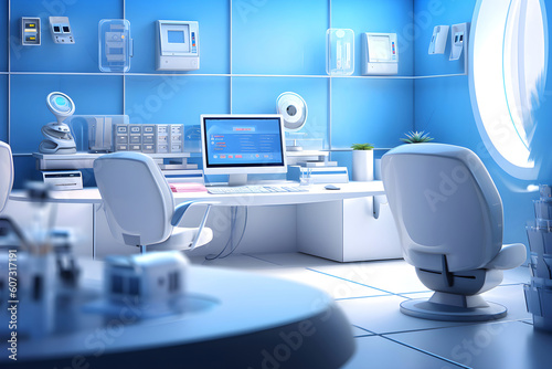 Modern sci-fi futuristic interior blue office design. Futuristic conference room interior. Future technology business marketing concept. 3d rendering, Generative AI illustration © AITTHIPHONG