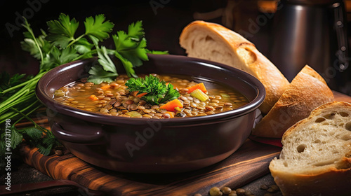 A hearty lentil soup with fresh herbs and crusty bread on the side - Generative AI photo