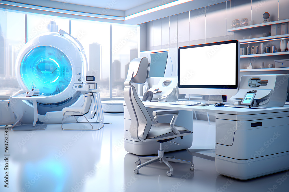 Modern sci-fi futuristic interior blue office design. Futuristic conference room interior. Future technology business marketing concept. 3d rendering, Generative AI illustration Modern sci-fi futuristic interior blue office design. Futuristic conference room interior. Future technology business marketing concept. 3d rendering, Generative AI illustration