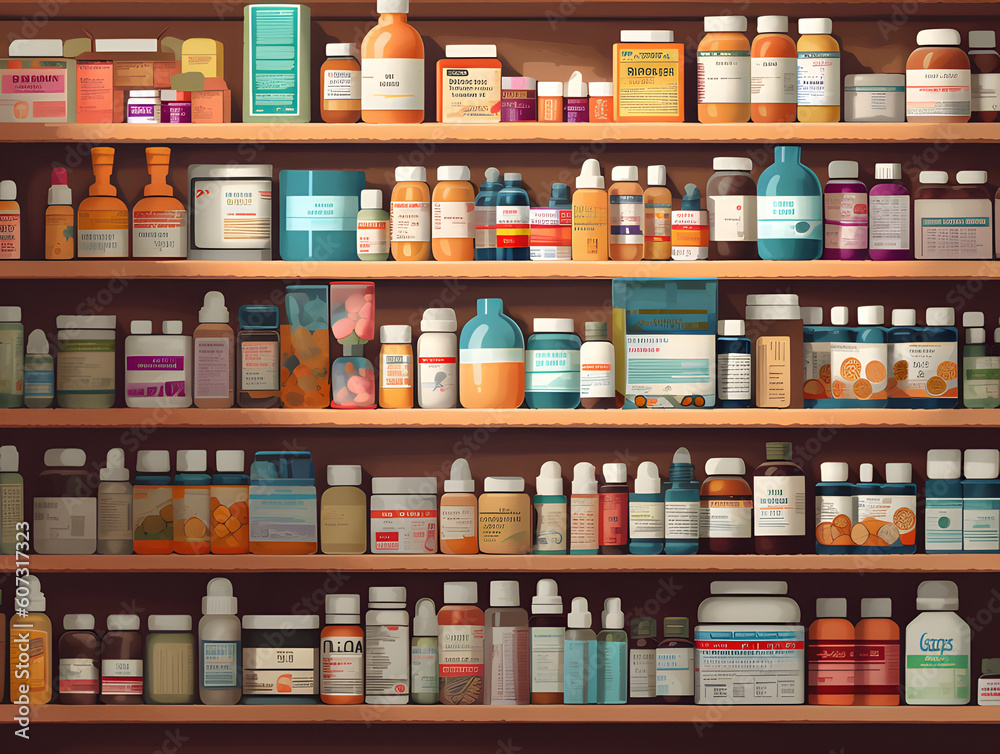 Well-organized pharmacy shelf, displaying an array of neatly arranged prescription medications, over-the-counter drugs, and health supplements, symbolizing access to healthcare. Generative AI