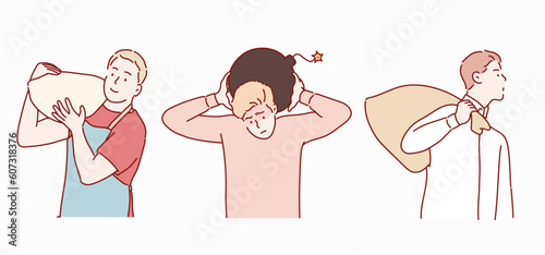 Man carrying a heavy burden. Hand drawn style vector design illustrations.