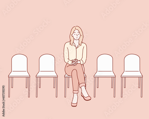 woman sitting in a waiting room. Hand drawn style vector design illustrations.