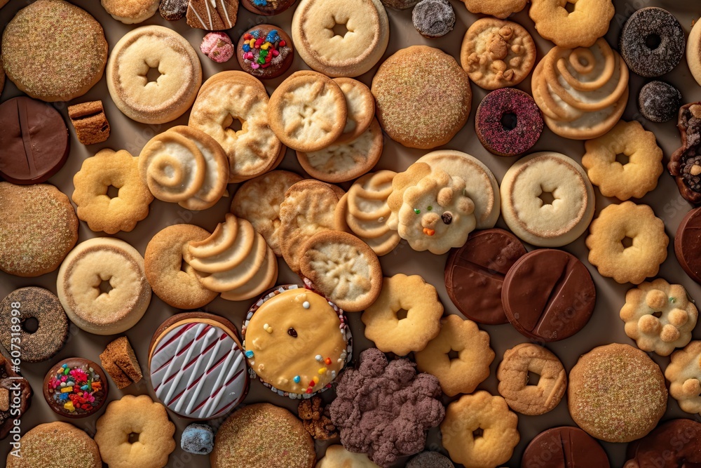 Deliciously Scrumptious. Close up of Cookies Spread on Background Deliciously Scrumptious. Close up of Cookies Spread on Background