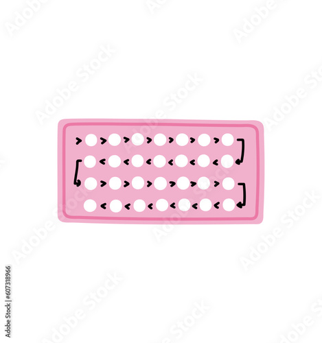 Oral contraceptive pills isolated on white vector illustration. Cute hand drawn pink birth control pills packaging, pregnancy planning, woman health care concept.