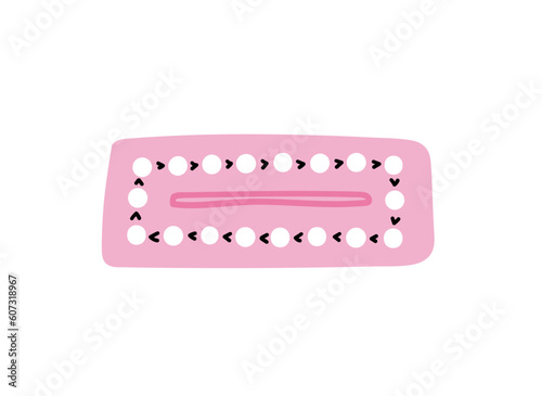 Birth control pills isolated on white. Cute hand drawn pink oral contraception pills packaging, pregnancy planning, female health care concept doodle style cartoon vector illustration.