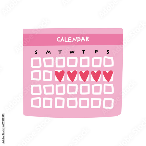 Periods calendar, menstruation tracker pink doodle vector illustration isolated on white. Cute hand drawn pregnancy planning calendar, fertility ovulation tracker, female health care concept.