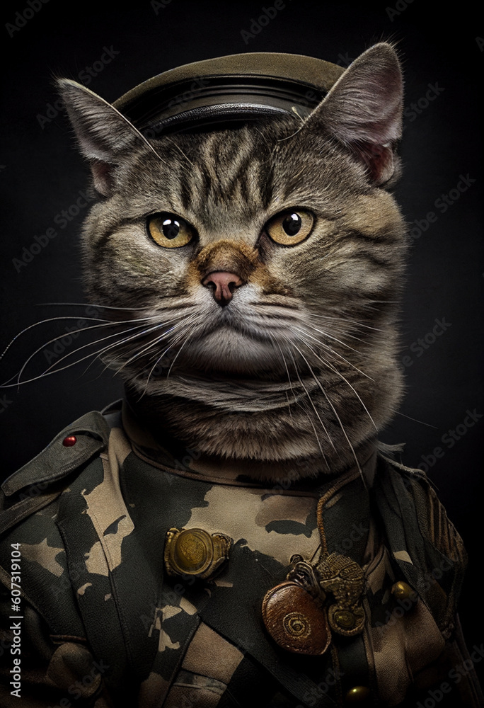 Portrait of a cat in a military uniform. Genarated AI Portrait of a cat in a military uniform. Genarated AI