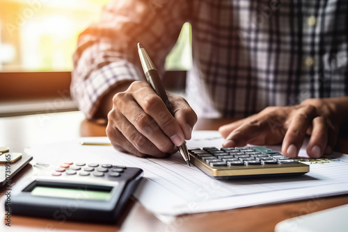 Photo of a man calculating financial data on a piece of paper with a calculator