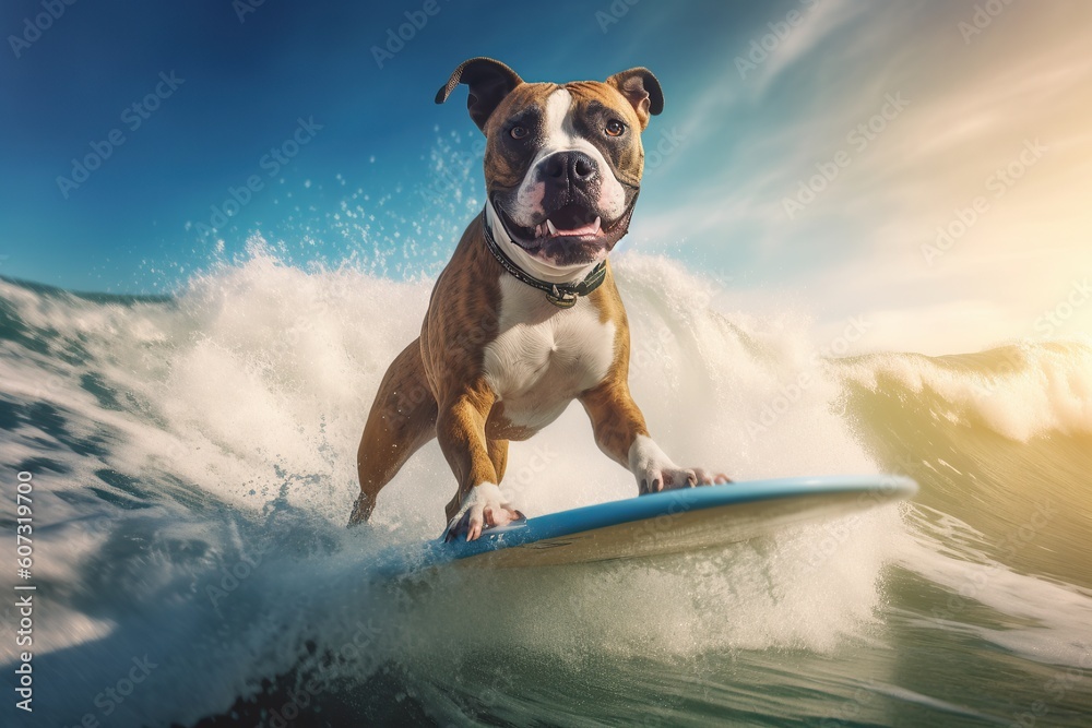 Image of an American Staffordshire terrier surfing a huge wave on a surfboard on a sunny day.