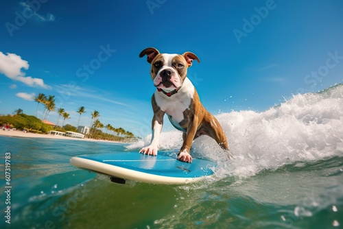 Image of an American Staffordshire terrier surfing on a surfboard at the beach on a sunny day.