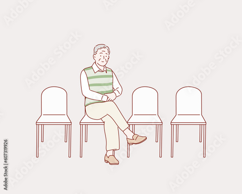 oldman sitting in a waiting room. Hand drawn style vector design illustrations.