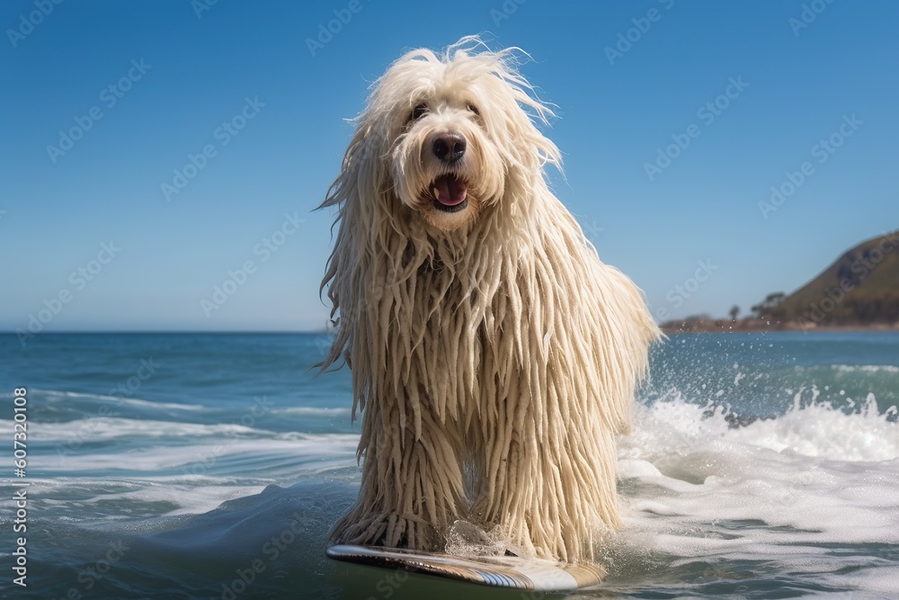 Image of a happy Komondor surfing on a surfboard at the beach on a sunny day.
