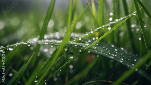 Close up of water droplets on blades of grass Generative AI