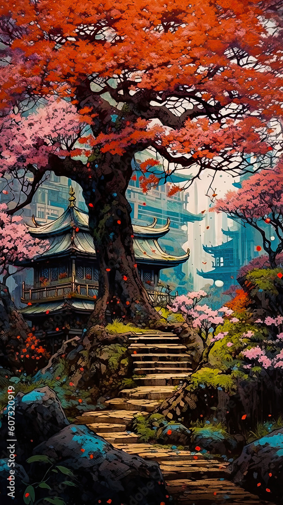Anime style sakura tree landscapes
