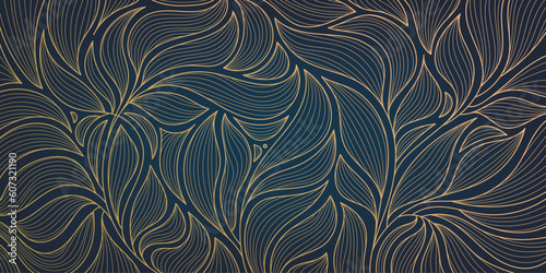 Vector golden leaves botanical modern, art deco wallpaper background pattern. Line design for interior design, textile, texture, poster, package, wrappers, gifts. Luxury. Japanese style.