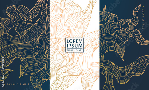 Set of vector design elements labels, frames, wedding invitations, social net stories, packaging, luxury products, perfume, soap, wine. Line golden seaweed, algae background.