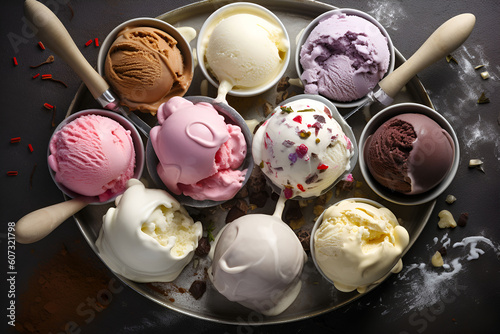 coppette di gelato di diversi gusti sul vassoio photo
