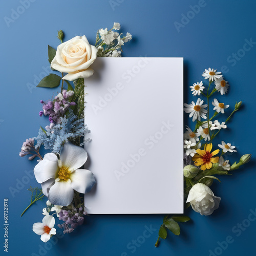 Blank white card with flowers around it on a Alice Blue color background. Generative AI. photo