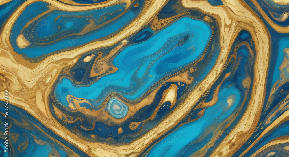 A close up of a painting of blue and gold swirl. A close up of a painting of blue and gold swirl.