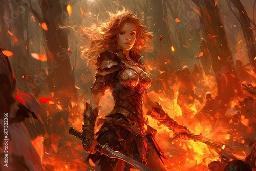 a beautiful fantasy woman rogue with many weapons in a burning forest, illustration generative ai photo