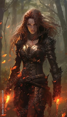 a fantasy woman rogue with many weapons and armor in a burning forest, illustration generative ai photo