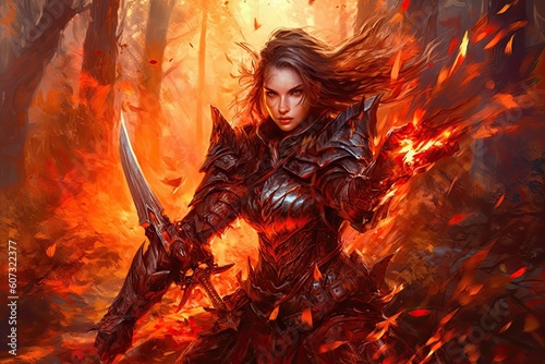 a fantasy girl rogue with many weapons in a burning forest, illustration generative ai photo