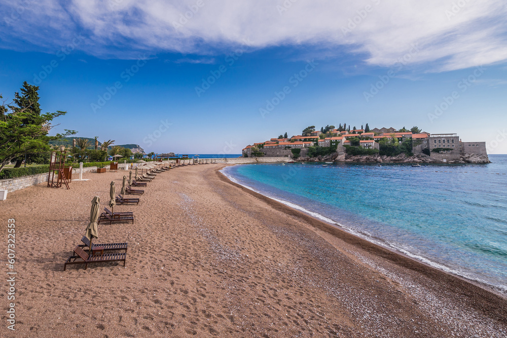 Beach of Sveti Stefan islet on the Adriatic coast of Montenegro