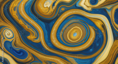 A painting of blue  yellow  and brown swirls. 
