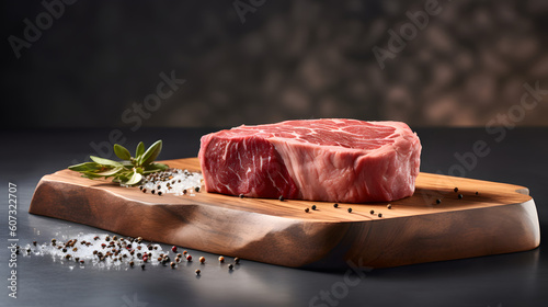 beef filet mignon steak adorned with exquisite marbling, resting gracefully on a wooden board. Generative AI