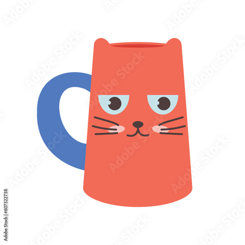 Dishes. A red mug in the shape of a cute cat.