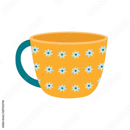Dishes. Yellow mug with floral ornament.