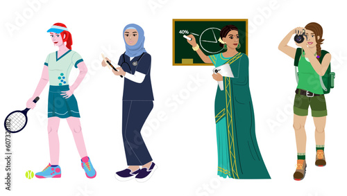 The set of working women,strong women in the each career,Tennis player,Doctor,Teacher,Photographer,various careers,power woman