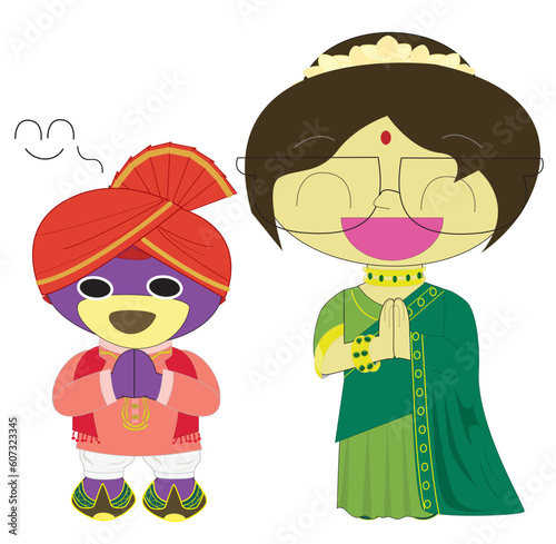 Mr.purple bear and friend in Indian traditional costume is  putting hands together,Children raised their hands to pay respect to welcome,Greeting  Namaste Indian mean Hello